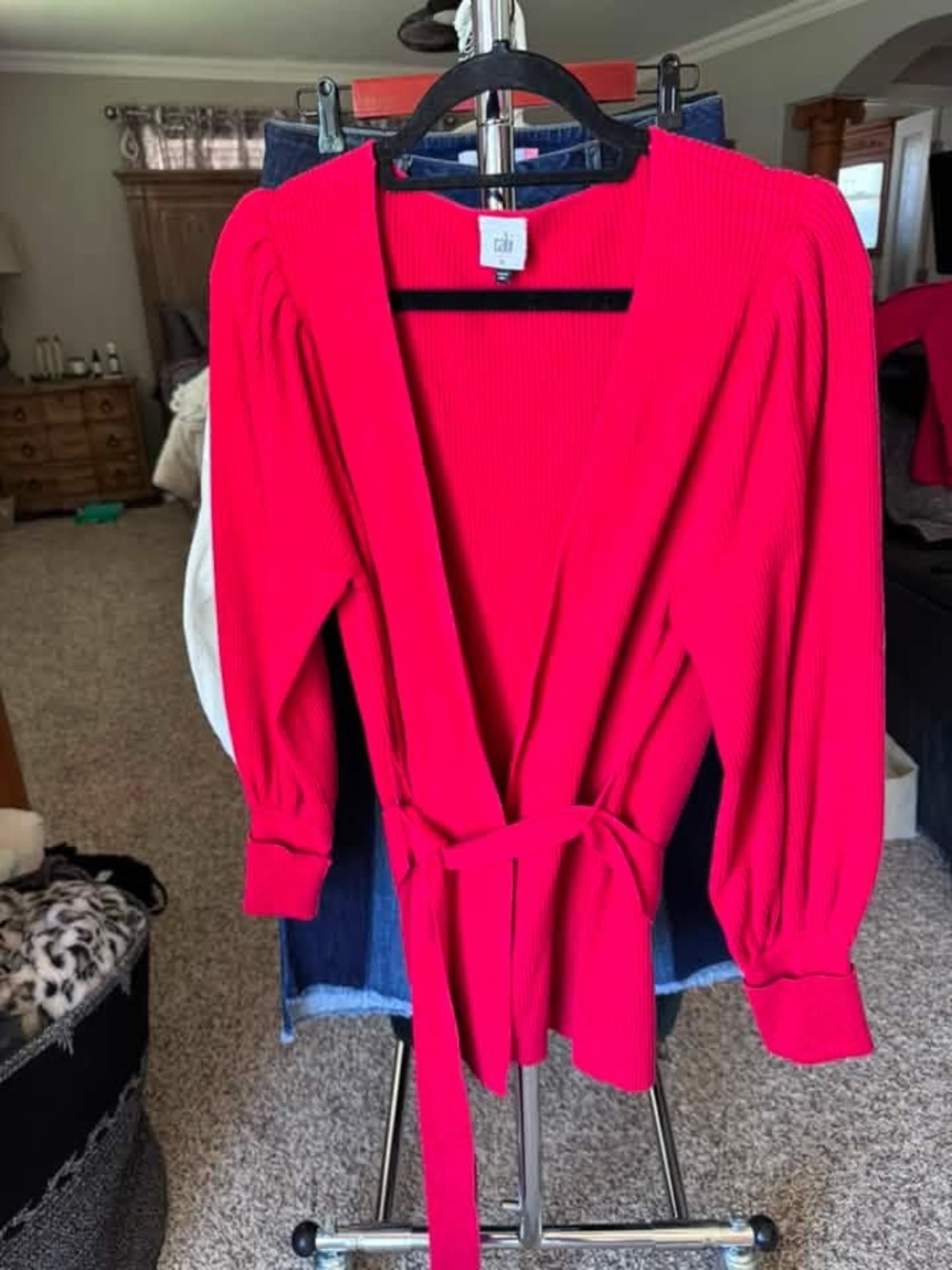 CAbi red Ribbed Wrap Sweater with Self-Tie Belt